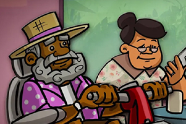 Group of illustrated characters with various disabilities sitting around a table.